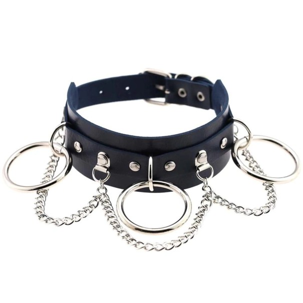 Collar de cuero para mujer con círculos y cadena. azul oscuro