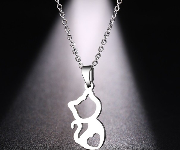 Collar de mujer con gato D334 plateado