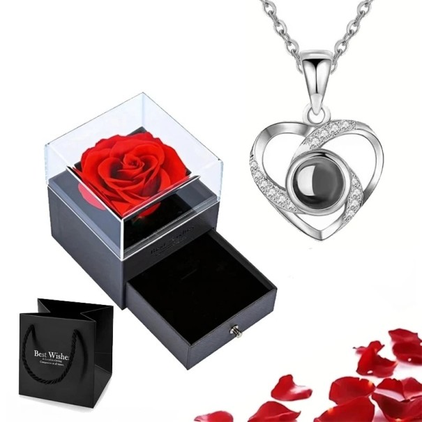 Collar de proyección en forma de corazón con proyección Te amo en 100 idiomas Caja con rosa Cadena de titanio Colgante de cobre plateado