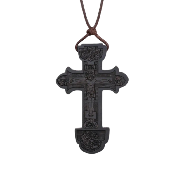 Collar ortodoxo con cruz de motivo tallado en relieve longitud ajustable 30–65 cm madera natural colgante para uso diario negro