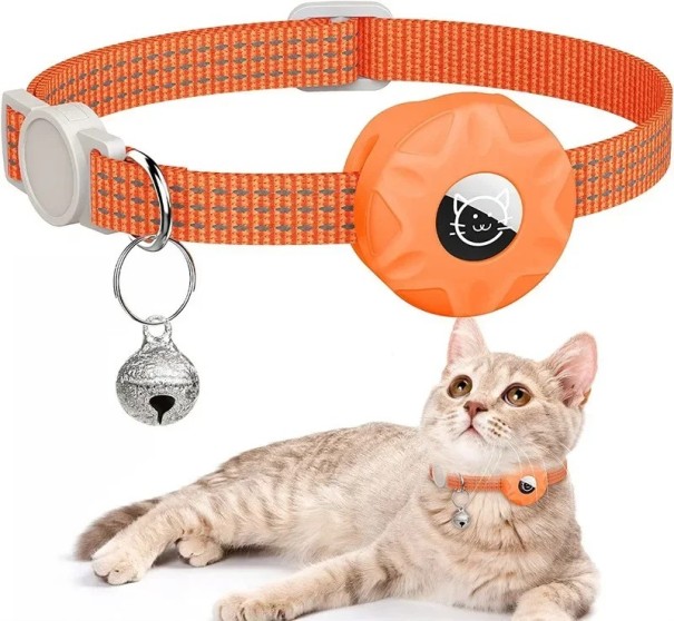 Collar reflectante para gatos con soporte para AirTag Collar de seguridad con cascabel Collar ajustable contra la pérdida de mascotas naranja