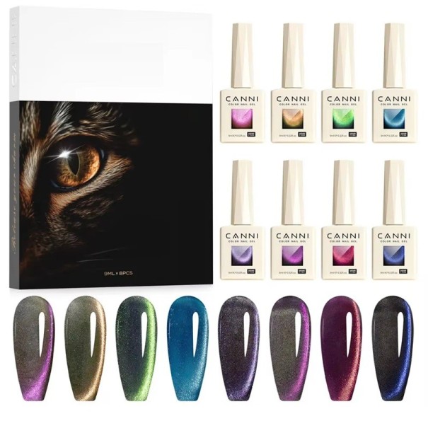 Collectie gellakken 8 stuks 9 ml Kattenoog met magnetisch effect UV LED uithardbaar voor salon en thuis manicure HEMA FREE 1
