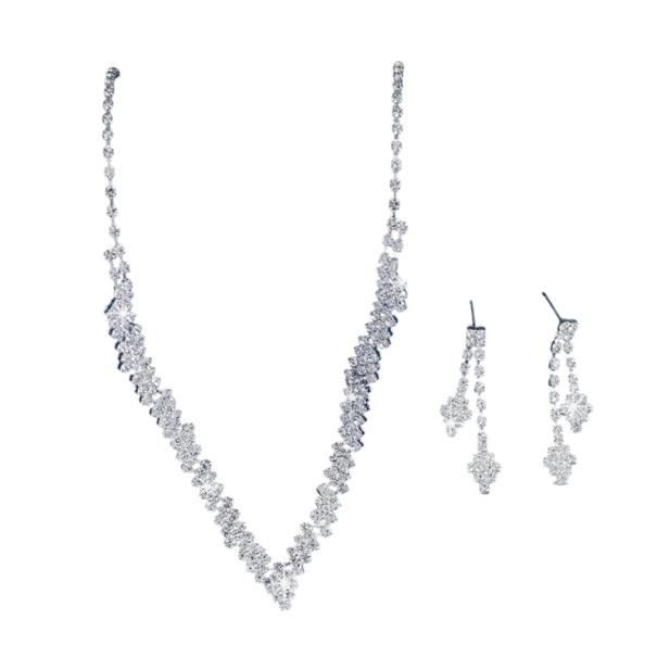 Collier 32+14,5 cm Boucles d'oreilles 4 cm Ensemble de bijoux en forme de V Cristaux Plaqué argent Hypoallergénique Ensemble de mariage de bal 1