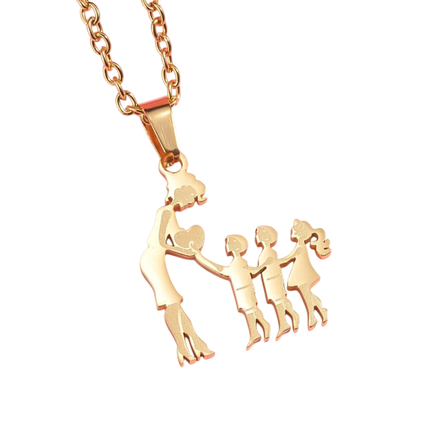 Collier avec pendentif Maman avec 2 fils et une fille Cadeau élégant en acier inoxydable Symbole de la famille Bijou pour femmes doré
