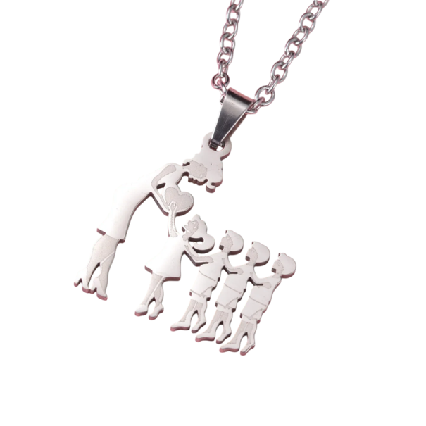 Collier avec pendentif Maman avec fille et trois fils Élégant bijou familial Cadeau pour maman Symbole d'amour et de famille argenté