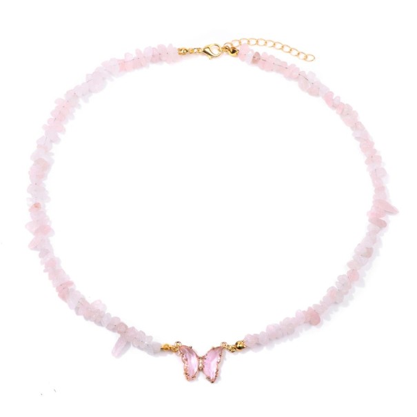 Collier avec un pendentif en forme de papillon et en quartz rose 22 x 17 mm pierres roses chaîne de couleur dorée en alliage de zinc Pour une fête un mariage ou comme cadeau 1