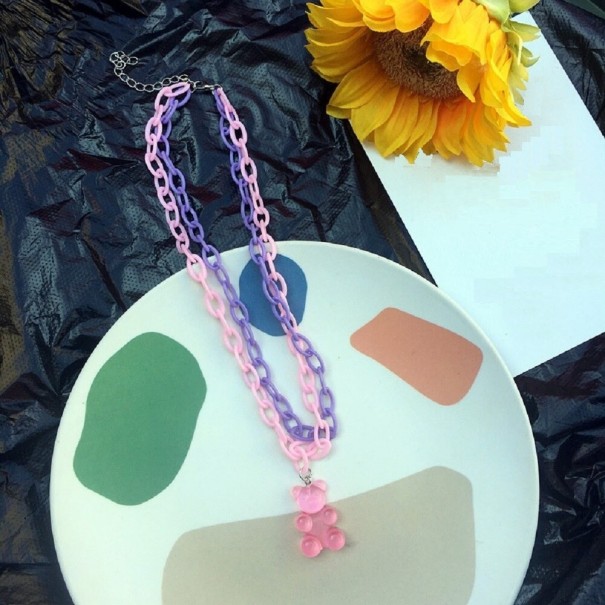 Collier double pour femme avec ours rose