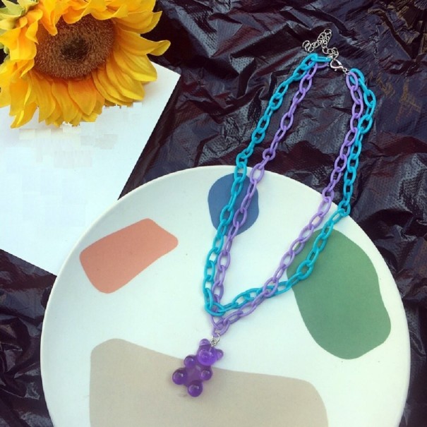 Collier double pour femme avec ours violet