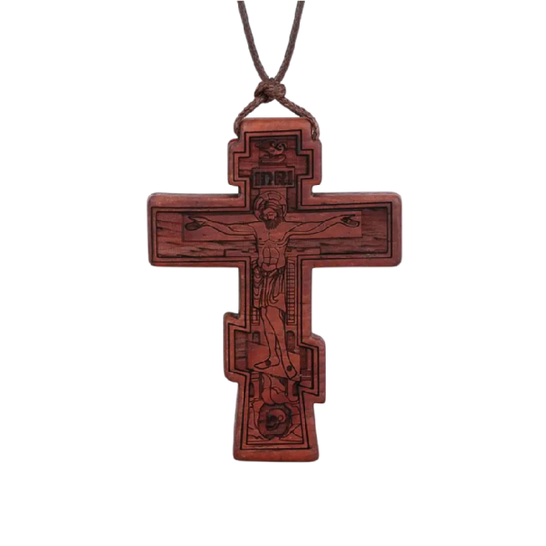 Collier en bois orthodoxe avec croix longueur réglable 30–65 cm bois naturel relief détaillé pendentif croix pour un port quotidien rouge