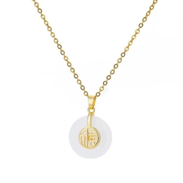 Collier en métal doré de 45 cm avec pierre verte symbole de bonheur Fu, collier délicat avec pendentif détail décoratif circulaire blanc