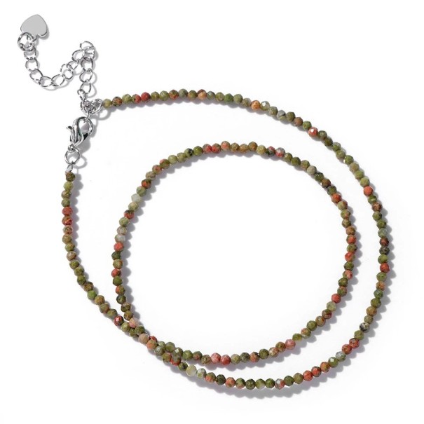 Collier en unakite perles 2 mm longueur 40 cm chaîne ajustable vert-rose en couleur argent en alliage de zinc Pour femmes et hommes 1