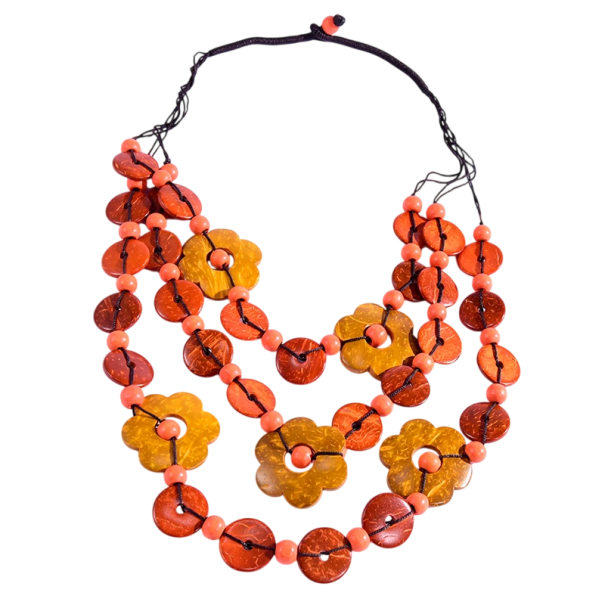 Collier multi-strates pour femmes avec perles en bois et éléments décoratifs longueur 60 cm matériau naturel bijou à la mode pour un usage orange