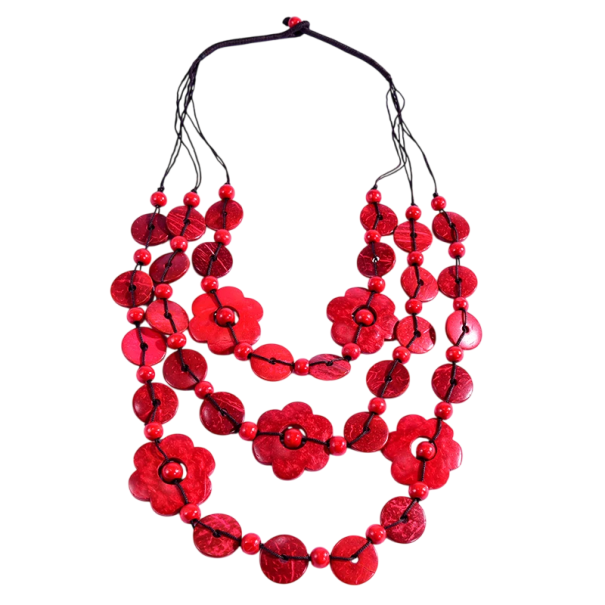 Collier multi-strates pour femmes avec perles en bois et éléments décoratifs longueur 60 cm matériau naturel bijou à la mode pour un usage quotidien rouge