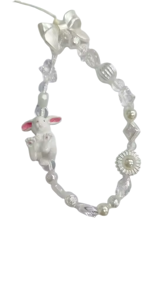 Collier perlé blanc pour téléphone avec un lapin et un nœud Chaîne décorative pour mobile pendentif anti-perte décoration pour clés sac à main 1