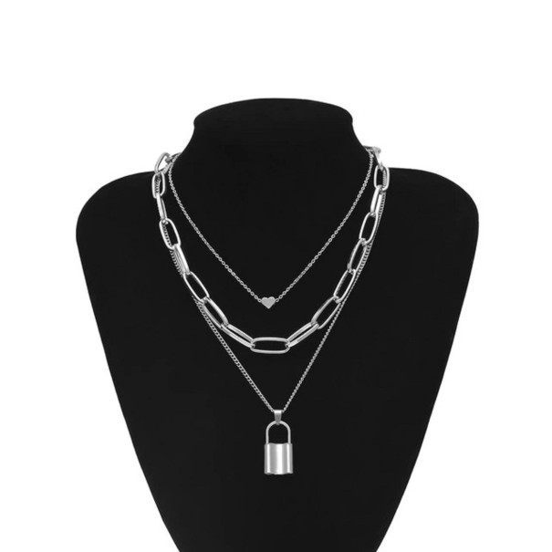 Collier pour femme avec cadenas et cœur argenté