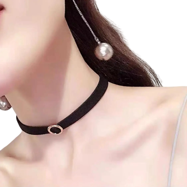 Collier ras du cou pour femme avec anneau en métal, collier à fermeture, design en dentelle noir, accessoire élégant pour un usage quotidien et en soirée 1