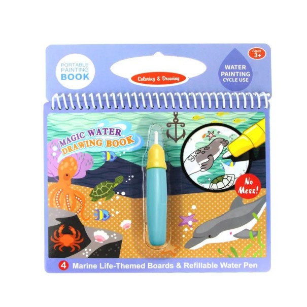 Colorazione magica ad acqua con animali marini disegno ripetuto 19x20 cm libro di carta blu e viola con penna per bambini 1
