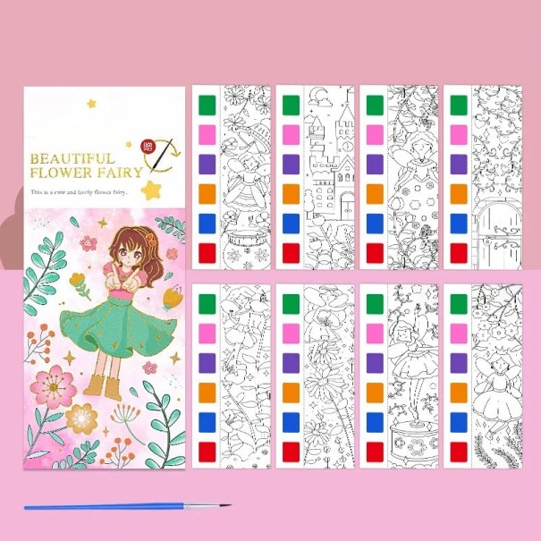 Coloriages aquatiques pour enfants Fée des fleurs 12 feuilles 18,7 x 8 cm aquarelle avec palette et pinceau pour dessiner 1