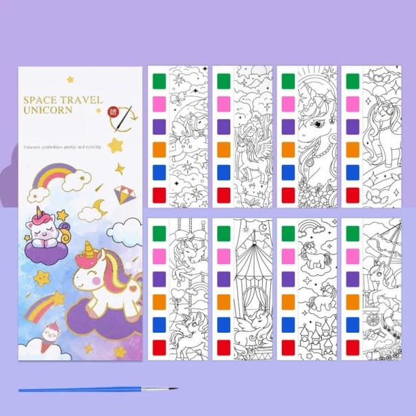 Coloriages aquatiques pour enfants Licorne 12 feuilles 18,7 x 8 cm aquarelle à colorier avec palette et pinceau pour dessiner 1