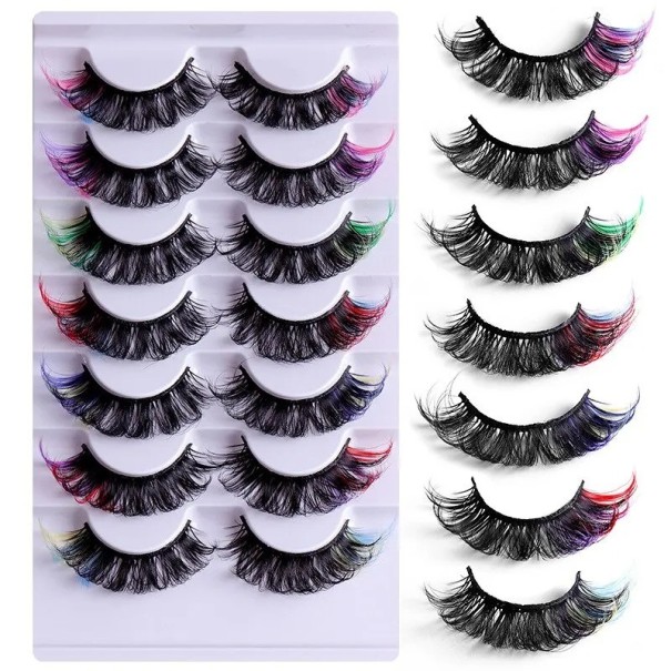 Colourful Artificial Lashes 7 Pairs Thick Curled False Lashes Striking Rainbow Adhesive Lashes 1