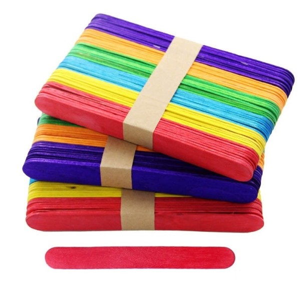 Colourful Ice Lolly Sticks 50 pcs Flat Wooden Sticks with Rounded Ends Bright Mix of Colours For Preparing Homemade Ice Lollies L