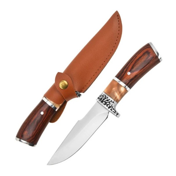 Coltello tascabile per sopravvivenza 21,5 cm Lama in acciaio inossidabile Manico in legno Coltello da caccia all'aperto Coltello pieghevole con custodia in pelle per la natura 1