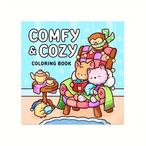 Comfy & Cozy Colouring Book Cute Relaxation Themes 20 x 20 cm 28 Single-Sided Pages Simple Drawing for Children and Adults 1