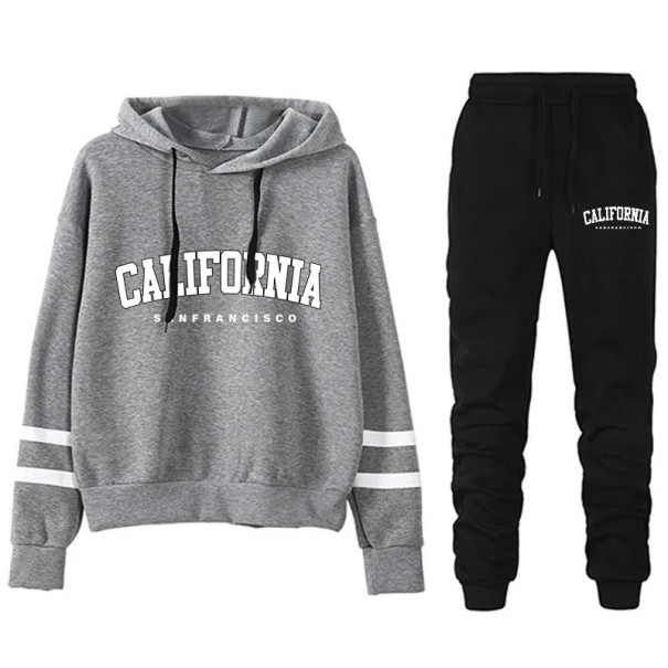 Completo da donna con scritte California, pantaloni, felpa con cappuccio, poliestere grigio XXL