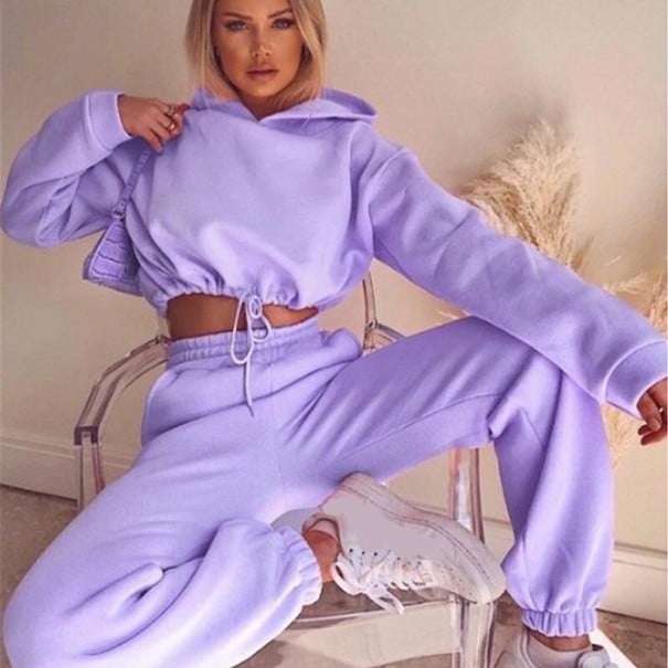 Completo da donna felpa corta con cappuccio e pantaloni Cordino regolabile nell'orlo inferiore Polsini sui pantaloni Poliestere viola chiaro S