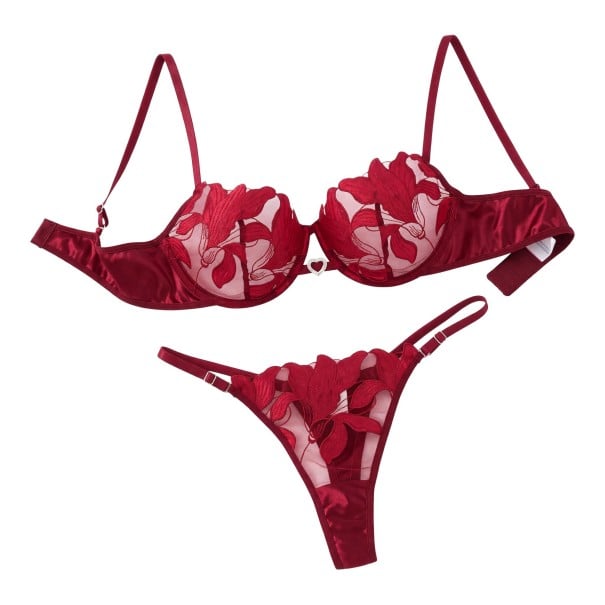 Completo da donna in lingerie con reggiseno semi-trasparente con ferretti e fiori ricamati e perizoma con applicazione floreale e fianchi regolabili rosso S