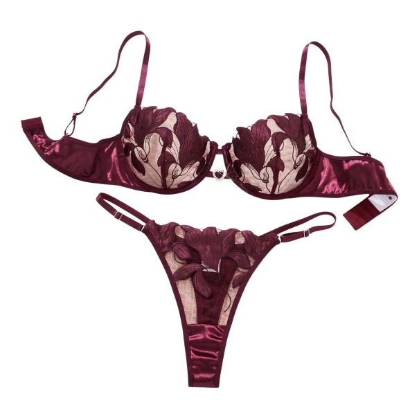 Completo da donna in lingerie con reggiseno semi-trasparente con ferretti e fiori ricamati e perizoma con applicazione floreale e fianchi viola XL