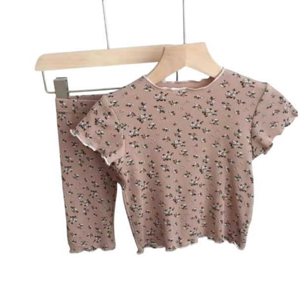 Completo estivo per ragazza con maglietta a maniche corte e pantaloni in vita elasticizzata Collo a O Set estivo in cotone e poliestere marrone 7