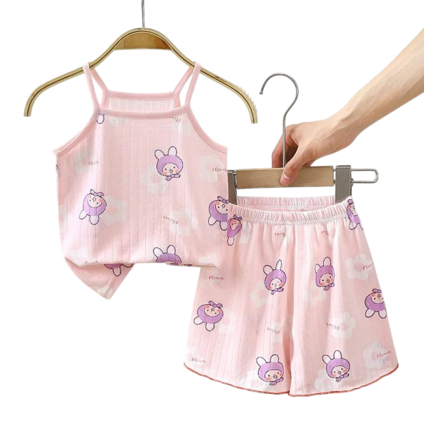 Completo estivo rosa per ragazze con canotta a spalline sottili e pantaloni corti Stampa di coniglietti Collo rotondo Set comodo 3
