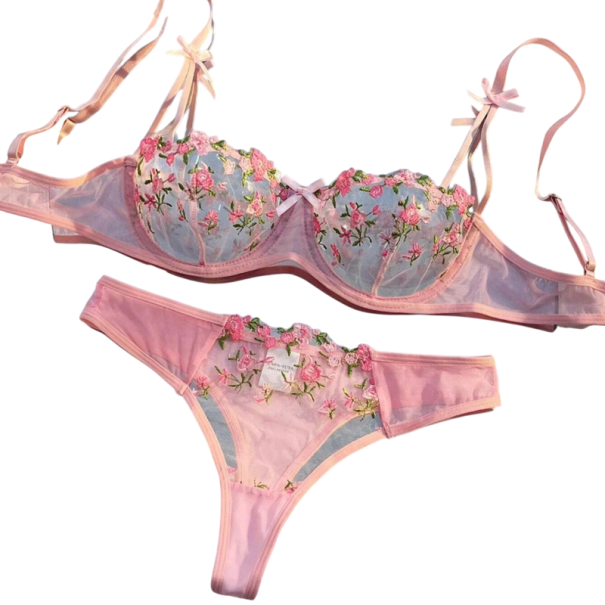 Completo in pizzo da donna con reggiseno e slip con ricamo floreale in nylon ed elastan per uso quotidiano e biancheria intima rosa XS