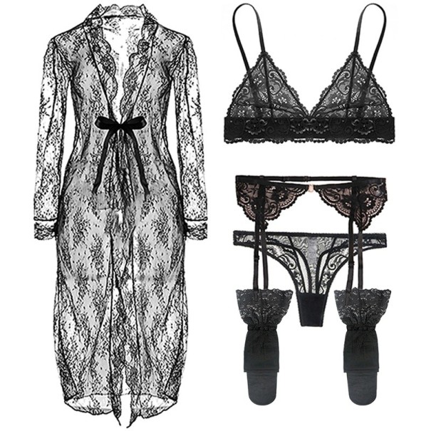 Completo intimo da donna in pizzo con accappatoio, reggiseno, slip, reggicalze e calze in polyamide ed elastan nero per uso quotidiano M