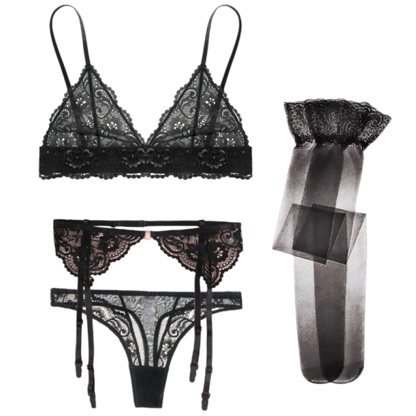 Completo intimo da donna in pizzo con reggicalze e calze reggicalze reggiseno mutandine poliammide elastan per uso quotidiano nero S