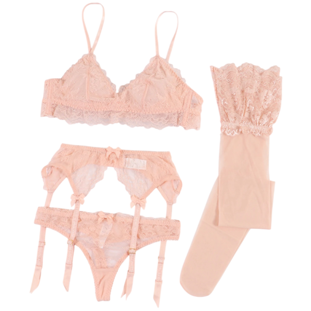 Completo intimo da donna in pizzo con reggicalze e calze reggicalze reggiseno slip poliammide elastan rosa per uso quotidiano S