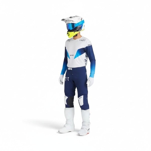 Completo motocross maglia e pantaloni Maglia perforata a maniche lunghe e pantaloni con fibbia Poliestere e nylon Maglia bianco-blu e pantaloni blu XS