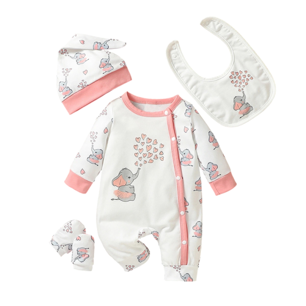 Completo per bambini 4 pezzi con stampa animale Maniche lunghe Collo rotondo Tuta con bottoni Bavaglino Cappello Guanti Cotone Poliestere Elastan 1-3 mesi
