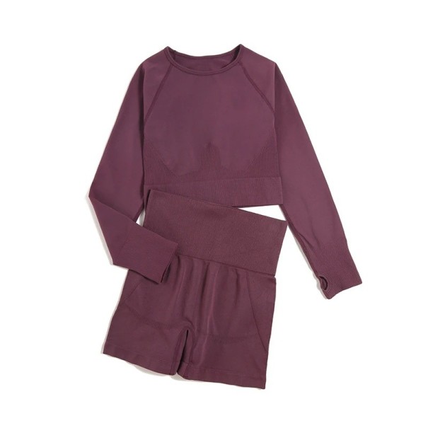 Completo sportivo da donna Pantaloni corti e maglietta a maniche lunghe Completo fitness monocolore in nylon porpora S