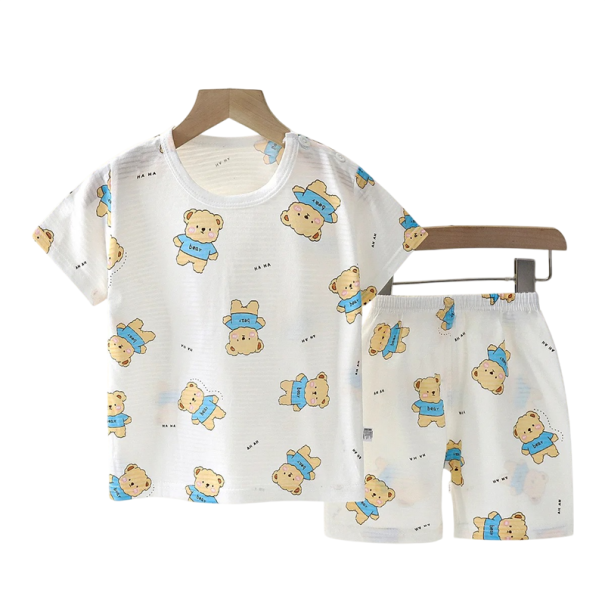 Completo unisex per bambini con t-shirt bianca e pantaloni corti a maniche corte con scollo a O e disegno di orsetti in cotone 7