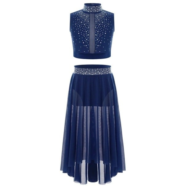 Compleu de dans pentru fete din două piese cu pietricele Top scurt cu guler înalt și fustă lungă din tul Polyester Pentru balet și dans modern albastru inchis 16