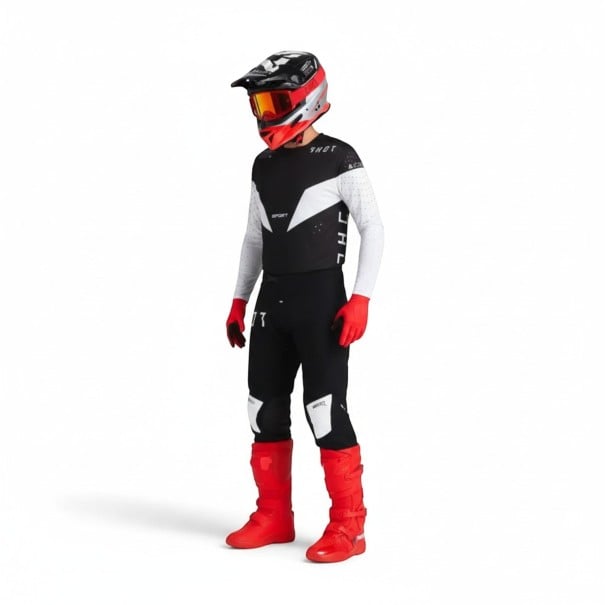 Compleu motocross cu tricou și pantaloni Tricou perforat cu mânecă lungă și pantaloni cu cataramă Poliester și nylon Tricou alb-negru și pantaloni S