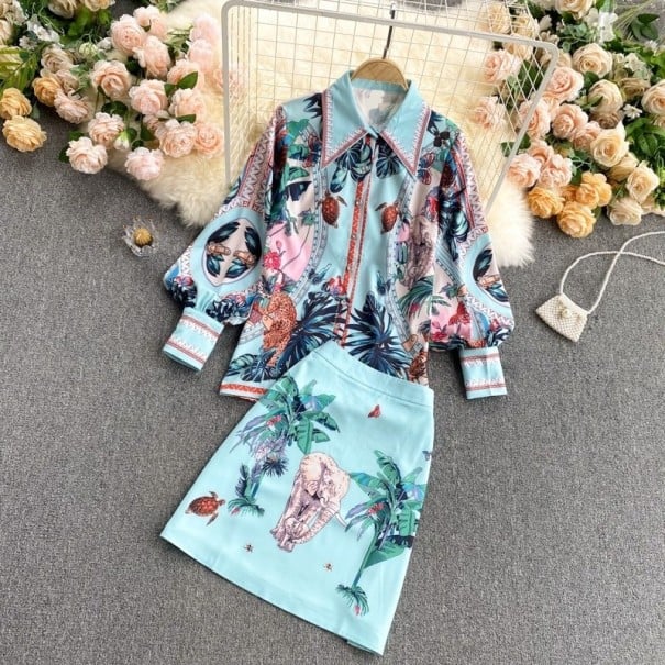 Compleu pentru femei cămașă bleu deschis și fustă mini cu imprimeu tropical Cămașă cu mâneci balon și guler Fustă scurtă în formă de A Poliester XL