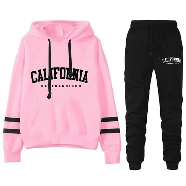 Compleu pentru femei cu inscripții California, pantaloni de trening, hanorac cu glugă, poliester roz M