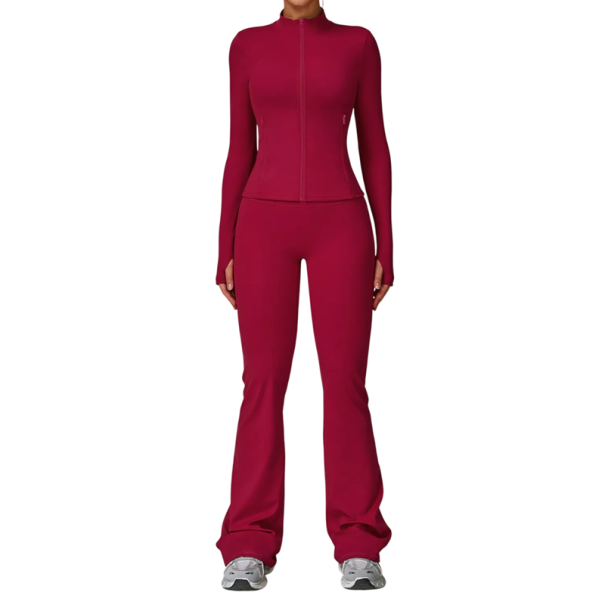 Compleu sportiv pentru femei cu hanorac cu fermoar și pantaloni, uni, nylon, spandex, confortabil și stilat pentru fitness și timp liber roșu S