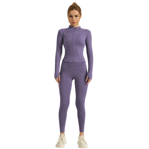 Compleu sportiv pentru femei Tricou cu mânecă lungă și colanți Cu fermoar Compleu fitness uni din poliester și spandex violet L