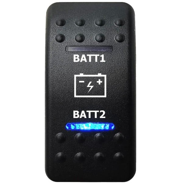Comutator cu basculare pentru mașină pentru alegerea a două baterii BATT1/BATT2 cu iluminare LED albastră, rezistent la apă 12V pentru barcă, caravană și offroad