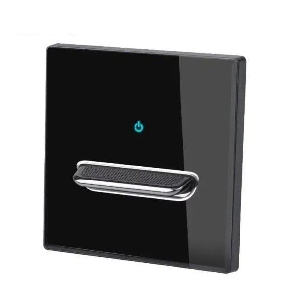Comutator de perete cu 1 buton, panou din sticlă securizată 8,6 x 8,6 cm, 250 V, 16 A, LED indicator, pentru cutie de montaj în perete negru