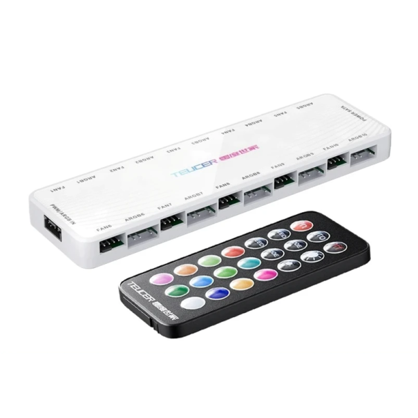Concentrador 2 en 1 PWM y ARGB con 10x 5V 3pin y 10x 12V 4pin alimentación SATA, base magnética y control remoto ARGB 16,4x4,8x1,5 cm blanco